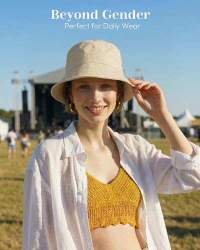 HONGTEYA Bucket Sun Hats for Woman Men Cotton Summer Beach Hat Golf Fishing - color: Light Sand, size: Medium