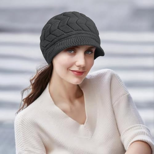 Loritta Womens Winter Beanie Hats, Thick Warm Beanie with Visor Brim - color: Dark Grey