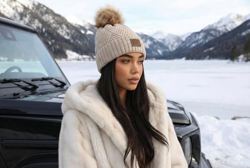 Funky Junque Women’s Pom Pom Beanie – Soft Knit Winter Hats for Women & Teens, Warm Fashionable Beanie with Faux Fur Poms - color: Beige - Diagonal Stripes