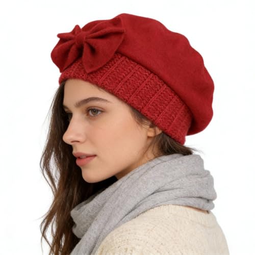 Women’s Vintage Wool Beret Winter Hats Elegant French Beret Beanie Dress Hat for Ladies - color: Claret