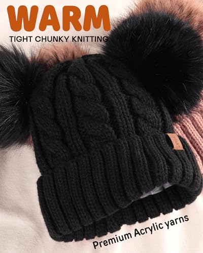 FURTALK Toddler Winter Hat Knit Beanie Double Faux Fur Pompoms Girls Boys - color: Black With Black Pom, size: 6-24 Months