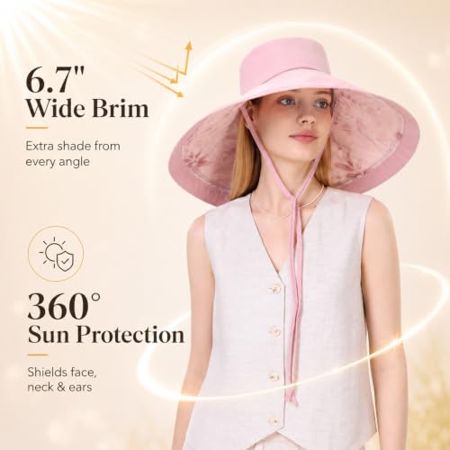 Wide Brim Sun Hat for Women Reversible Beach Hats Metal Wired Edge Gardening Hats, UPF 50+ Bucket Summer Hat - color: Pink Floral