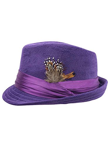 Purple Wool Felt Fedora Hat with Feather Trim