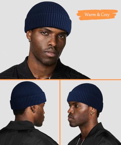 Heniho Wool Fleece Lined Fisherman Beanie for Men, Winter Warm Hats Cuffed Knit Watch Cap Trawler Hat - color: 1pack C- Navy