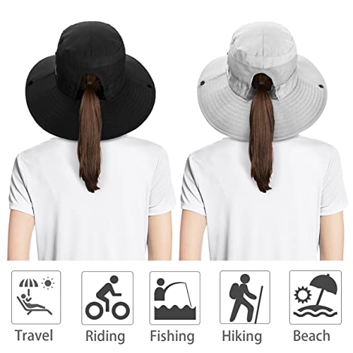 IYEBRAO 2 Pack Womens Ponytail Sun Hat UV Protection Bucket Hats Foldable Wide Brim Summer Boonie Beach Cap Fishing Hiking… - color: Black & Pure Beige