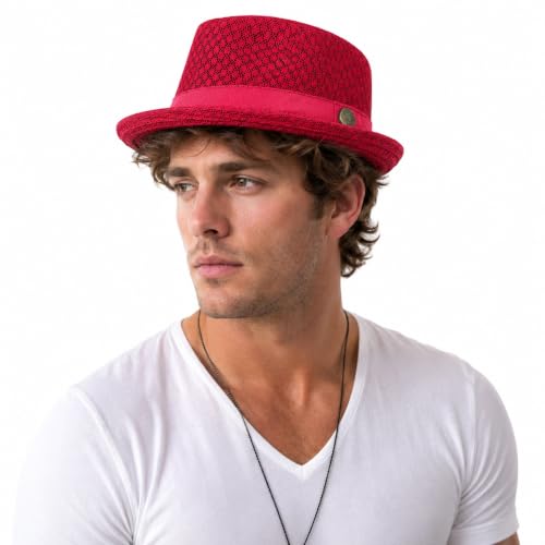 Mesh Fedora Hat for Men Breathable Pork Pie Jazz Trilby Hat Lightweight Short Brim Summer Sun Hat for Beach Travel Party - color: Red