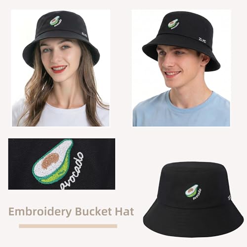 ZLYC Cotton Bucket Hat for Women Men Embroidered Packable Summer Sun Cap - color: Black Avocado