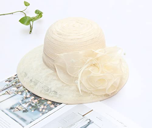 Women's Kentucky Derby Church Dress Hat Wide Brim Leaf Flower Bridal Shower Hat - color: R5 Beige