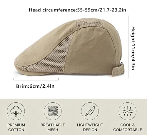 DIYDECAL Mens Cotton Mesh Newsboy Cap Flat Ivy Gatsby Hat Summer Driving Cabbie Cap - color: Khaki