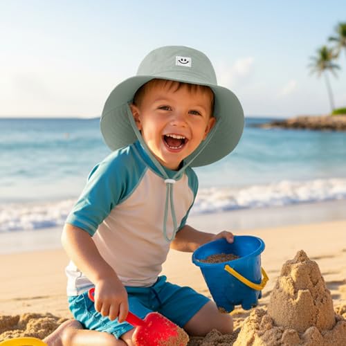 Kids Sun Hat Smile Face Bucket Hat Toddler Hat Wide Brim Adjustable Strap - color: Pea Green, size: 3-8T