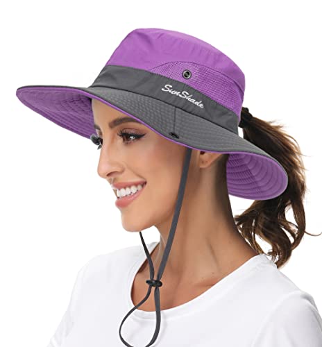 Sun Hat for Women Summer UV Protection Beach Hat with Ponytail Hole - color: Purple(with Ponytail Hole)