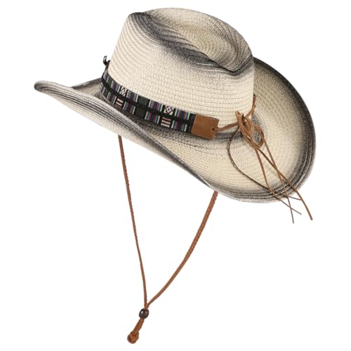 Western Straw Cowboy Cowgirl Hat for Men Women Wide Brim Cowboy Hat with String Shapeable Sun Beach Cap Fishing Cap - color: Black-white