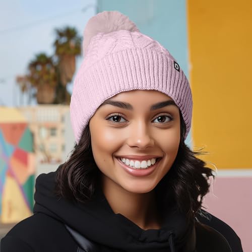 DALIX Cable Knit Pom Beanie Soft Stretch Skully Warm Fuzzy Faux Sherpa Winter Ski Beanie - color: Orchid