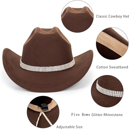 Vintage Roll Up Western Cowboy Hat for Men Women Cowgirl Fedora Hats Black/Brown Different Decorative Band M - color: Brown