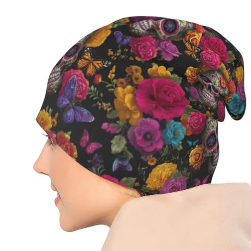 Slouchy Beanie Hat Skull Cap Chemo Headwear Baggy Hats for Men Women Running Cycling - color: Mexican Skull Flowers