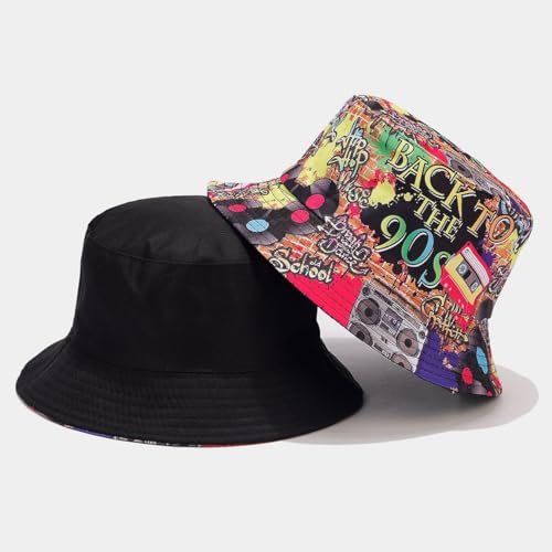 Quanhaigou Bucket Hat for Men Women,Packable Reversible Printed Sun Hats,Fisherman Outdoor Summer Travel Hiking Beach Caps - color: Colorful 90s