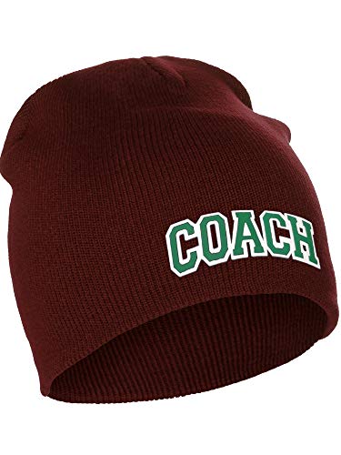 I&W Sports Team Coach Arch Letters Winter Knit Cuffless Beanie 3D Raised Layers - color: Burgundy Beanie White Green