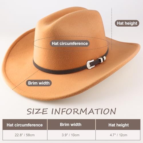 AQOKKA Western Cowboy Hats for Women Classic Felt Wide Brim Fedora Hat with Belt Buckle Retro Panama Hat Unisex Rolled up Cap - color: 1 Pc Fedora Hat A: Camel