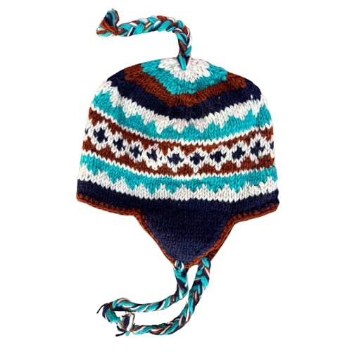 Wool Hand Knit Unisex Fleece Lined Ear Flap Beanie Sherpa Cap Hat Nepal - color: Turquoise/Rust