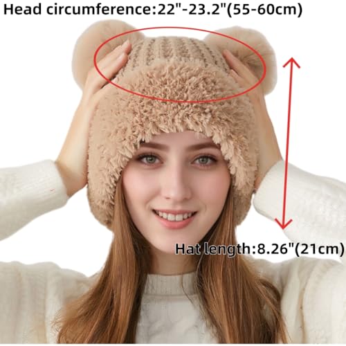 Womens Winter Knitted Beanie Hat with Double Faux Fur Pompom Fuzzy Warm Knit Ski Skull Cap for Women - color: Khaki