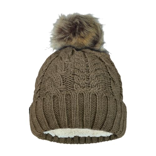 Timberland Women’s Cable Knit Faux Fur Pom Beanie - Soft Winter Hat, Ribbed Cuff, Warm Lining, Stylish Cozy Cold Weather Wear - color: Chocolate Chip
