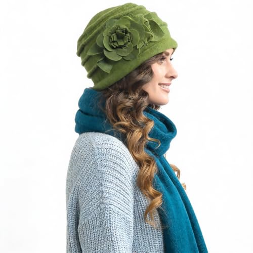 Vintage Women Floral Wool Dress Cloche Winter Hat 1920s - color: C022-d-green