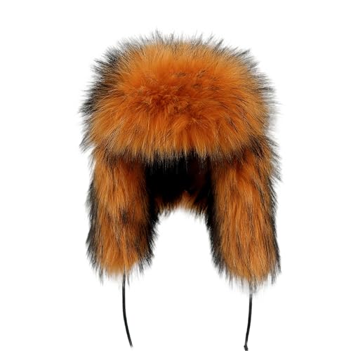 Y2K Faux Fur Russian Hat, Soft, Warm Winter Trapper Hat with Earmuffs for Men and Women - color: Orange
