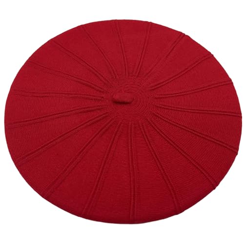 Women's Knitted Beret, French Style Double Layer Winter Autumn Warm and Soft Beanie Hat Cap - color: Z-red