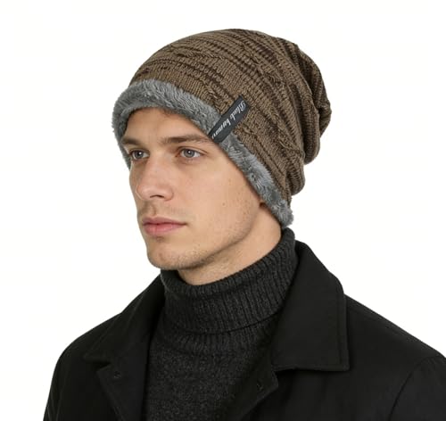 Fleece Lined Knit Hat Slouchy Beanies for Women Men - color: Khaki