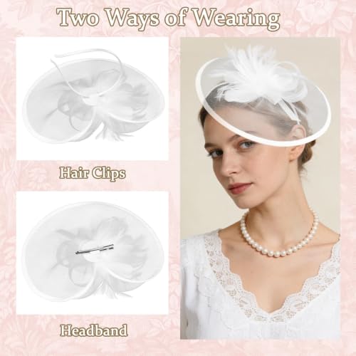 Ondder Tea Party Fascinator Hat for Women Clip and Headband for Tea Party, Wedding, Church and Cocktail Events - color: White