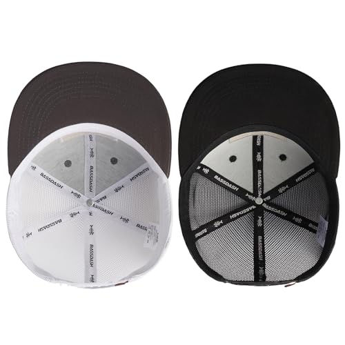 BASSDASH 2 Pack Flat Brim Trucker Cap Adjustable Snapback Hat Mesh Back for Men Women Fishing Hunting - color: Charcoal Grey/Fish Flag & Black/Fish Flag