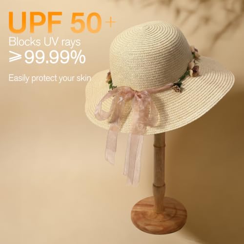 Womens Sun Straw Hat Wide Brim Floppy Foldable Hats Beach Summer Vacation Travel Hat UPF 50+ (Beige-Flowers)