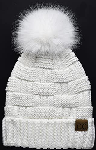 C.C Knit Beanie Hat – Fuzzy Fleece Lined Warm Winter Hat, Faux Fur Pom Soft Stretchy Slouchy Knit Cap, Cold Weather Beanie - color: White / White Pom
