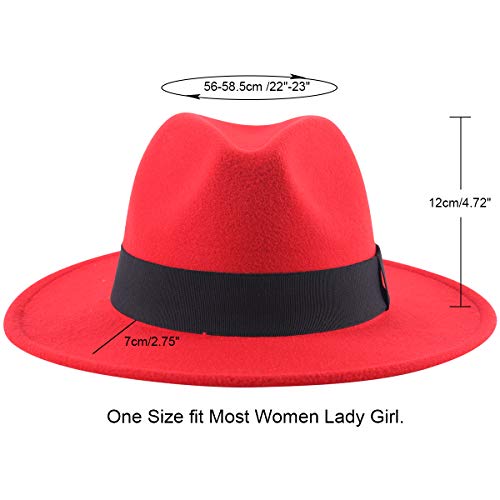 Lanzom Classic Fedora Hats for Women Lady Wide Brim Felt Panama Hat with Belt Buckle - color: Red