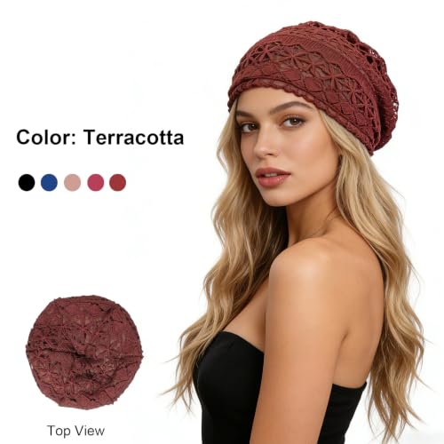 Women's Soft Lined Hollow Out Knit Slouchy Beanie - color: Terracotta