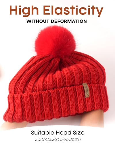 FURTALK Womens Winter Knitted Beanie Hat with Faux Fur Pom Warm Knit Skull Cap Beanie for Women - color: Red With Red Pom