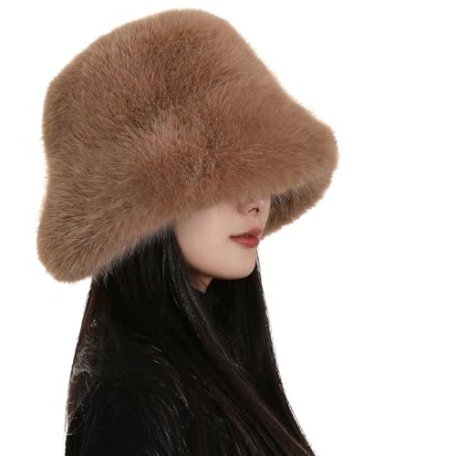 Women's Oversized Faux Fur Bucket Hat, Fluffy Plush Winter Hat, Solid Color - color: Brown