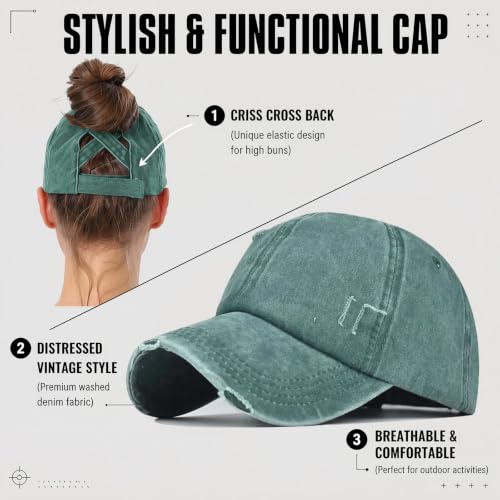 2 Packs Womens Criss‑Cross High Ponytail Trucker Hat, Cotton Vintage Washed Distressed Adjustable Baseball Cap - color: 2pcs 31
