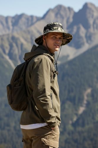 Camo Bucket Sun Hat with Mesh Band and Chin Strap, Wide Brim Boonie Hat for Outdoor Activities - color: Woodland White Camo