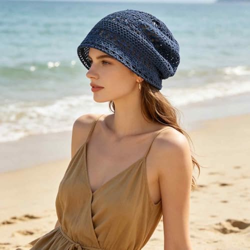Women's Sparkly Lace Beanie Hat for Women, Lightweight Breathable Knit Skull Cap,Fashion Slouchy Beanie - color: Royal Blue 003