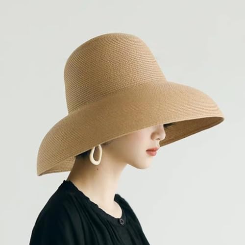 Women Floppy Sun Hat Wide Brim Straw Beach Cap UPF Straw Foldable Sun Hat for Summer - color: Khaki