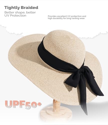 Hat Hut Wide Brim Beach Sun Hat for Women UPF 50+ UV Protection Packable Floppy Straw Hats for Summer - color: Beige Mix, size: Large