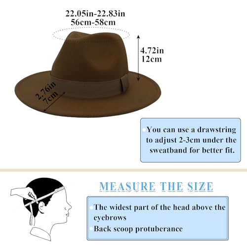 Men's Women's Wide Brim Fedora Hats with Ribbon Panama Felt Cap, British Style Vintage Flat Brimmed Jazz Hat - color: Brown