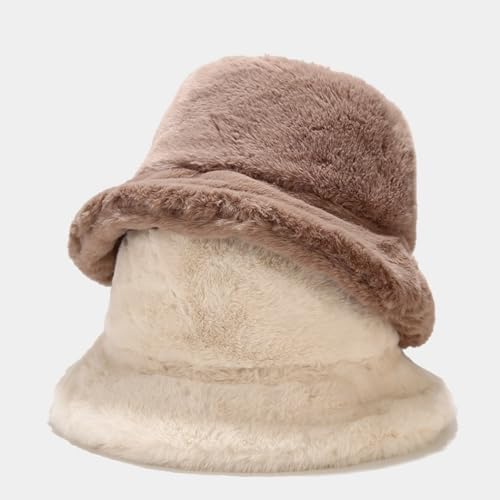 Quanhaigou Winter Faux Fur Bucket Hat,Fuzzy Warm Hat for Women Men, Fluffy Fisherman Cap - color: Plain Beige
