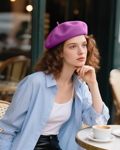 French Beret Hats for Women - Wool Solid Color Beanie Cap - color: Lavender