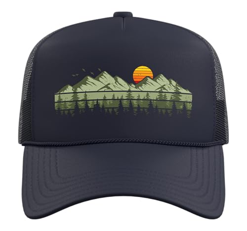 Trees Landscape Mountains Vintage Forest Trucker Hat with Adjustable Mesh Back - color: Navy Blue