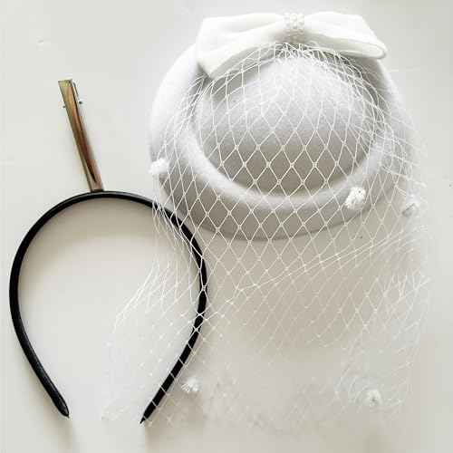 Small Fascinator Hats Pillbox Derby hat with Veil for Women Tea Party Bridal Wedding Halloween Church Cocktail - color: White