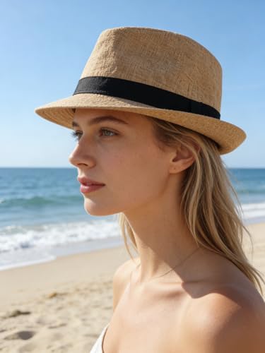2 Pack Short Brim Fedora Hats for Men Women 1920s Unisex Party Costume Hats - color: Milky White+khaki 02, size: 7 1/4-7 3/8