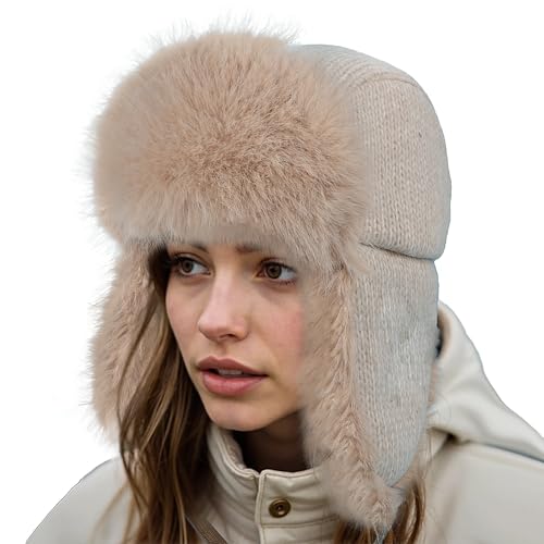 Winter Fuzzy Knit Trapper Hat with Faux Fur Earflap Fleece Lined Windproof Russian Ushanka Cap Ski Snow Hunting Hat - color: Khaki