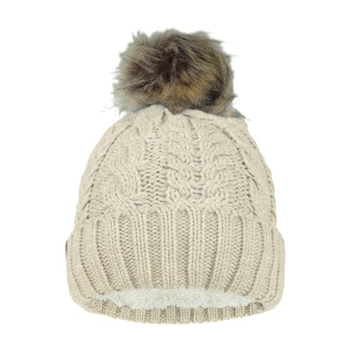 Timberland Women’s Cable Knit Faux Fur Pom Beanie - Soft Winter Hat, Ribbed Cuff, Warm Lining, Stylish Cozy Cold Weather Wear - color: Angora